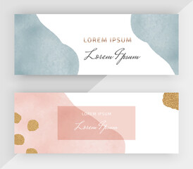 Wall Mural - Blue and pink watercolor with gold glitter texture horizontal banners 
