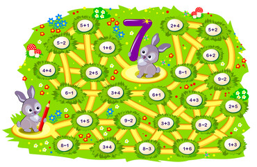 Math education for children. Logic puzzle game with maze for kids. Solve examples and help the rabbit find the way to his friend jumping only on the eggs with number 7. Play online. IQ test.