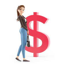 Wall Mural - 3d cartoon woman in front of dollar sign