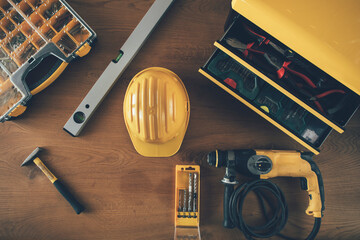 High angle view of construction worker tools 