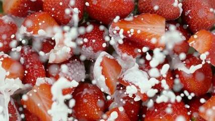 Aufkleber - Super slow motion of strawberries with splashing cream, top view. Filmed on high speed cinema camera, 1000 fps.