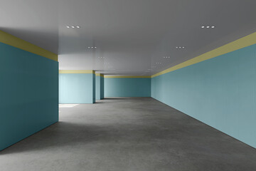 Wall Mural - Interior of an empty long hall with concrete floor, modern building design, 3d rendering illustration