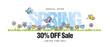 Special offer Spring Sale 30 % off with colorful spring flowers butterflies tulips in grass isolated white background