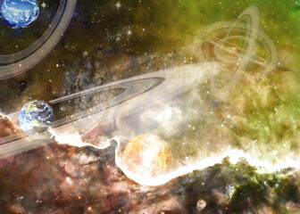 Wall Mural - somewhere in extreme deep space far galaxies and habitable exoplanets with rings. 3d rendered backgr