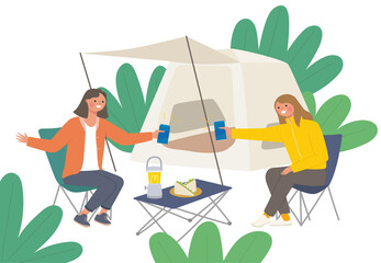 Two friends are camping in the woods. The two girls are cheering and enjoying beer cans. flat design style minimal vector illustration.