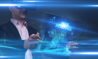 Business, Technology, Internet and network concept. Young businessman working on a virtual screen of the future and sees the inscription: Web hosting