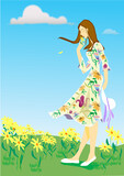 Fototapeta Paryż - A girl who smells flowers in a blooming spring field and her hair fluttered in the wind
