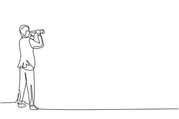 Wall Mural - single one line drawing of young smart business man looking target opportunity forward with binocula