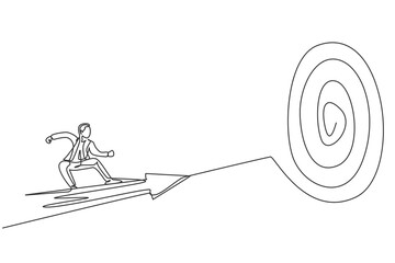 Wall Mural - single one line drawing of young smart male employee fly using arrow and focus to hit target. busine