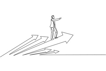 Continuous one line drawing of young handsome male worker flying using rapid up arrows symbol. Success business manager minimalist concept. Trendy single line draw design vector graphic illustration