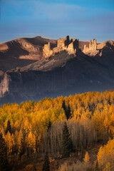 Sticker - USA, Colorado, Gunnison National Forest. The Castles rock formation on an autumn sunrise.