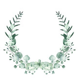 Fototapeta  - Watercolor wreath with greenery, eucalyptus branches and leaves, berries, fern, flowers