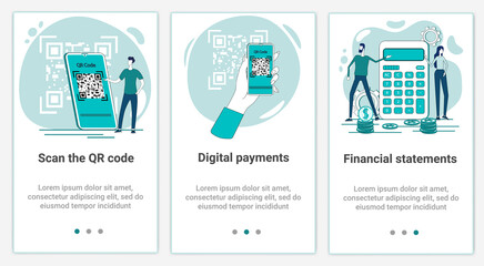 A set of UI and UX interfaces for smartphone screens.Features of adaptive design.The topic of Finance and QR payments.Flat vector illustration.