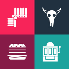 Poster - Set pop art Slot machine, Burger, Buffalo skull and Indian headdress with feathers icon. Vector.