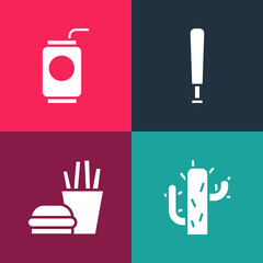 Sticker - Set pop art Cactus, Burger and french fries, Baseball bat and Soda can with straw icon. Vector.