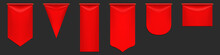 Red Pennant Flags Mockup, Blank Hanging Banners With Rounded, Pointed And Straight Edges. Medieval Heraldic Ensign Template, Scarlet Canvas. Realistic 3d Vector Icons Isolated On Black Background, Set