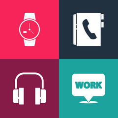 Sticker - Set pop art Location with text work, Headphones, Address book and Wrist watch icon. Vector.