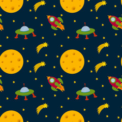  The Background Of The Planet. The moon with a Rocket and stars. Bright rockets, UFOs in the solar system. A pattern for children's star wars textiles and sleep. Vector illustration