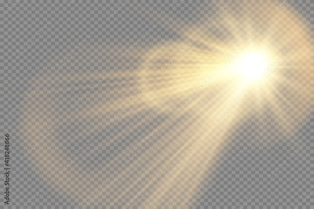 Vector transparent sunlight special lens flash light effect.front sun lens flash. Vector blur in the light of radiance. Element of decor. Horizontal stellar rays and searchlight. - obrazy, fototapety, plakaty 