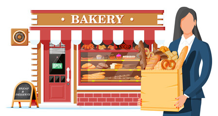 Wall Mural - Bakery shop building facade with woman customer. Baking store, cafe, bread, pastry and dessert shop. Showcases with various bread and cakes products. Market or supermarket. Flat vector illustration