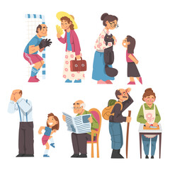 Sticker - Grandpa and Grandma Cooking, Walking, Reading Newspaper and Playing with Grandchild Vector Illustration Set