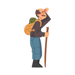 Sticker - Moustached Grandpa with Backpack Hiking Vector Illustration