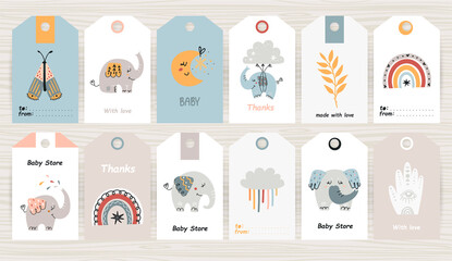 Wall Mural - Set of tags with bohemian elephants.