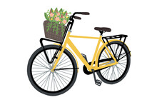 Vector Hand Drawn Illustration Of Yellow Bicycle With Flower Basket. An Image Of City Bike In Flat And Doodle Style.