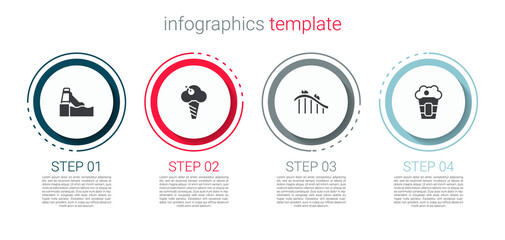 Sticker - Set Water slide, Ice cream in waffle cone, Roller coaster and Popcorn box. Business infographic template. Vector.