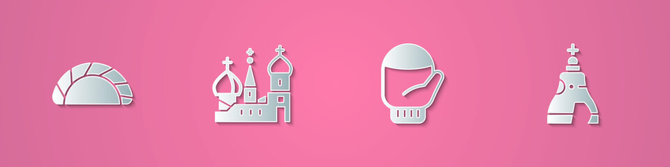 Sticker - Set paper cut Dumpling, Saint Basil's Cathedral, Christmas mitten and The Tsar bell icon. Paper art style. Vector.