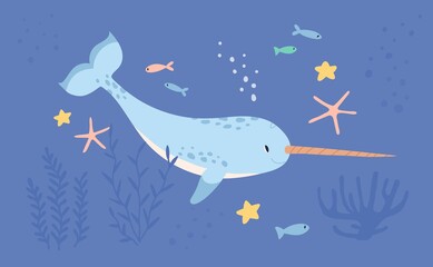 Wall Mural - Cute narwhal or unicorn fish in sea or ocean among seaweeds, corals and fishes. Magic fairy underwater animal. Childish colored flat cartoon vector illustration of funny unicornfish in water