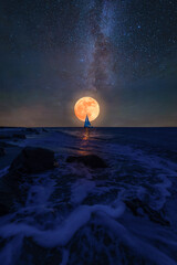 Wall Mural - moon and stars over sea and yacht