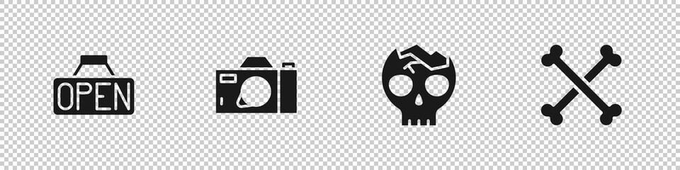 Canvas Print - Set Hanging sign with Open, Photo camera, Broken human skull and Crossed bones icon. Vector.