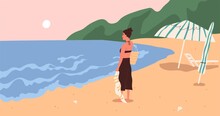 Young Woman Standing On Beach And Enjoying Marine View And Summer Sunset At Sea. Happy Female Character Looking At Ocean In Evening. Tourist Walking Alone At Seaside. Colored Flat Vector Illustration