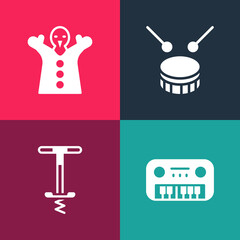 Poster - Set pop art Toy piano, Pogo stick jumping toy, Drum with drum sticks and puppet doll on hand icon. Vector.