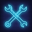 Concept neon wrench construction tool icon, spanner toolkit professional instrument flat line vector illustration, isolated on dark brickwork.