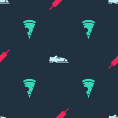 Wall Mural - Set Rolling pin, Men shoes and Slice of pizza on seamless pattern. Vector.