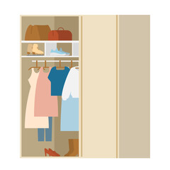 Wardrobe With Clothes And Shoes Flat Vector Illustration. Isolated On White.