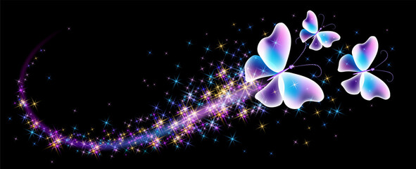 Wall Mural - Magic butterflies with fantasy sparkle, blazing trail and glowing stars on black background