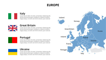  Europe vector map infographic template divided by countries. Slide presentation