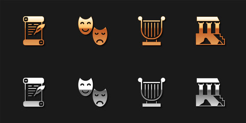 Sticker - Set Decree, parchment, scroll, Comedy and tragedy masks, Ancient lyre and Parthenon icon. Vector.