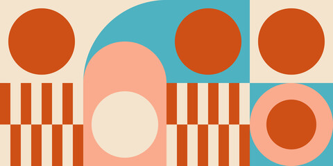 Leinwandbilder - Modern vector abstract  geometric background with circles, rectangles and squares  in retro scandinavian style. Pastel colored simple shapes graphic pattern. Abstract mosaic artwork.