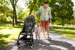 © Syda Productions - family, fatherhood and people concept - happy father with child in stroller walking at summer park