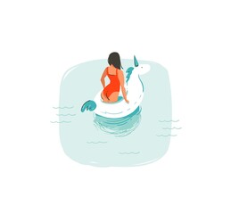 Sticker - Hand drawn vector abstract cartoon summer time fun illustrations icon with swimming girl on white unicorn buoy ring float in blue ocean waves isolated on white background