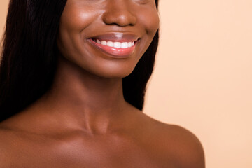 Poster - Cropped photo of sensual flawless pretty woman toothy beaming smile perfect white teeth isolated beige background