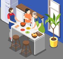 Poster - Family Cooking Isometric Background