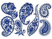 Watercolor Illustration Modern Outline Paisley Eastern Mandala Folk Henna Tattoo Indigo Blue Elements Isolated On White Background