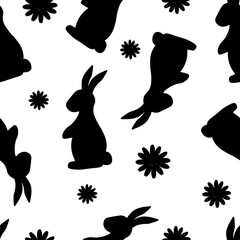 Canvas Print - Seamless pattern Easter bunny silhouette flowers vector illustration