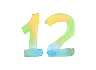 Watercolor numbers, hand-drawn by brush. Multicolor vintage symbol. Template for greetings, design, postcards, decoration.