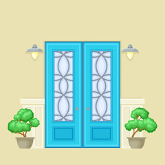 Wall Mural - Facade of Front Double Door with Decorative Bushes in Cachepot and Light Vector Illustration